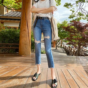 小个子薄款烟管牛仔裤女夏季新款八分大腿破洞毛边高腰窄版直筒裤