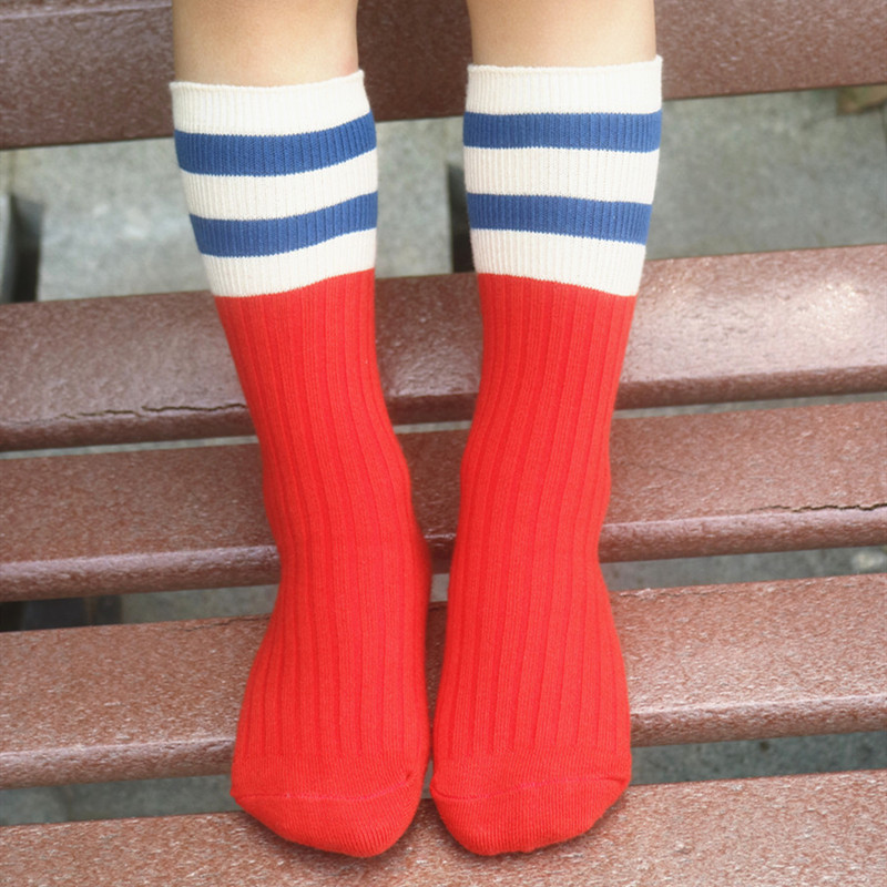 七巧板童袜儿童长筒纯棉袜子男童女童条纹泡泡袜学生宝宝秋冬厚袜