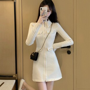 白色针织连衣裙2024新款女秋冬高级气质设计感修身显瘦内搭打底裙