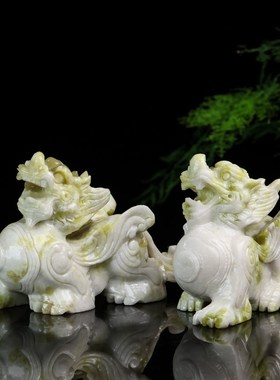 天然蓝田玉富贵貔貅摆件飞天貔貅一对公母玉石皮丘家居店铺办公室