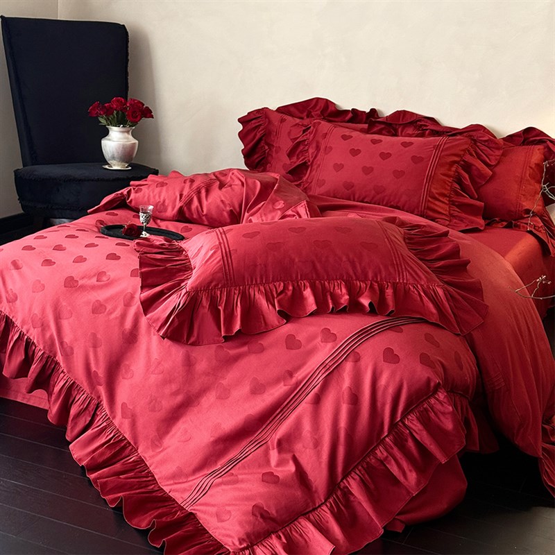 法式花边爱心提花新婚庆四件套红色全棉浪漫少女结婚被套床单床笠