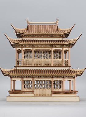 新中式创意木质仿古建筑摆件凉亭房子样板间茶室禅意楼阁装饰品