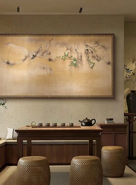 新中式茶餐厅风景装饰画酒店别墅侘寂风客厅背景大尺寸巨幅挂画
