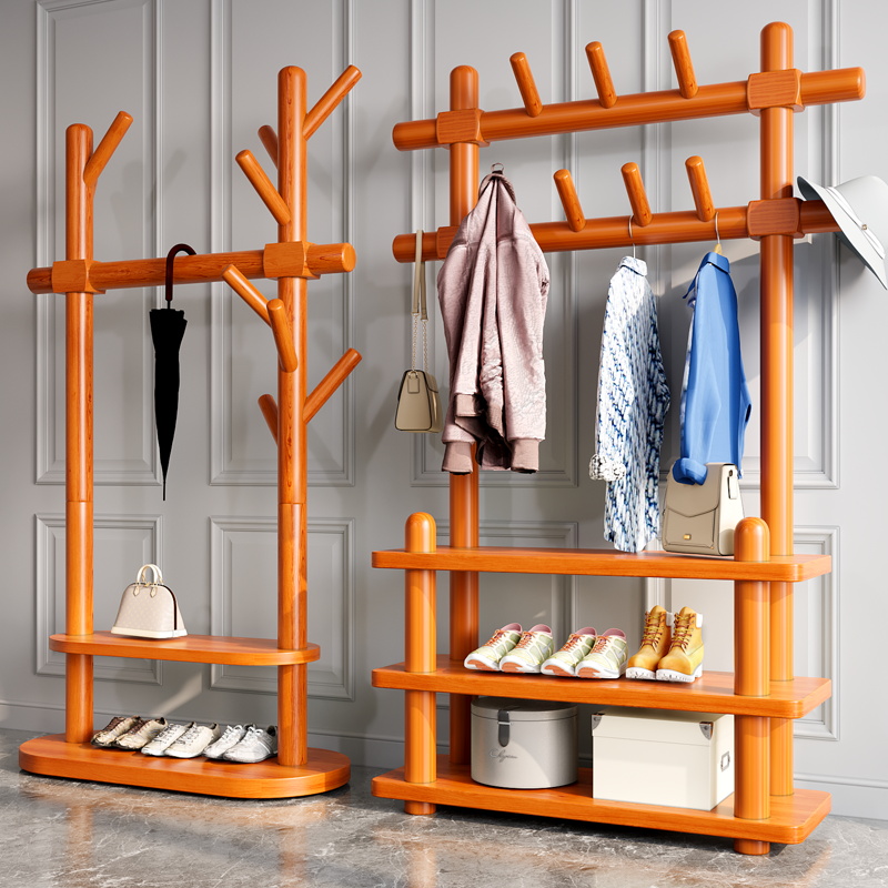 实木落地衣帽架简易家用卧室置物架网红鞋柜架挂衣架一体立式衣架