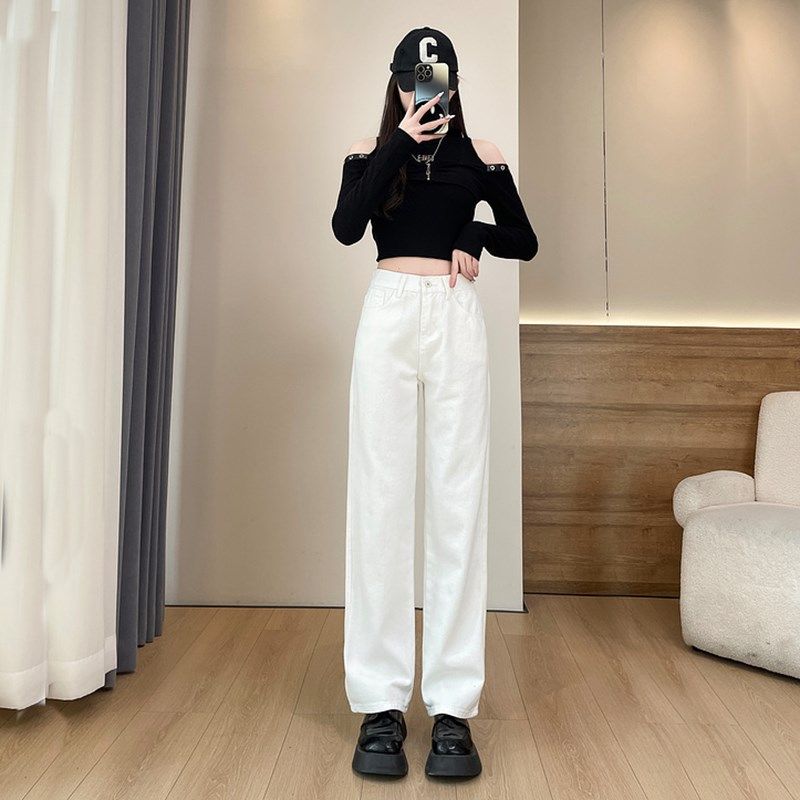 白色牛仔裤女小个子无弹力软面料直筒窄板阔腿宽松显瘦垂坠感春秋
