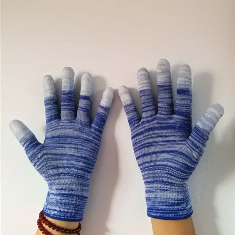 12双包邮条纹PU涂指手套 指尖浸胶手套 贴手透气吸汗工作手套