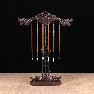 黑紫檀实木笔架新中式木制毛笔挂双龙复古毛笔架子笔挂架文房用品