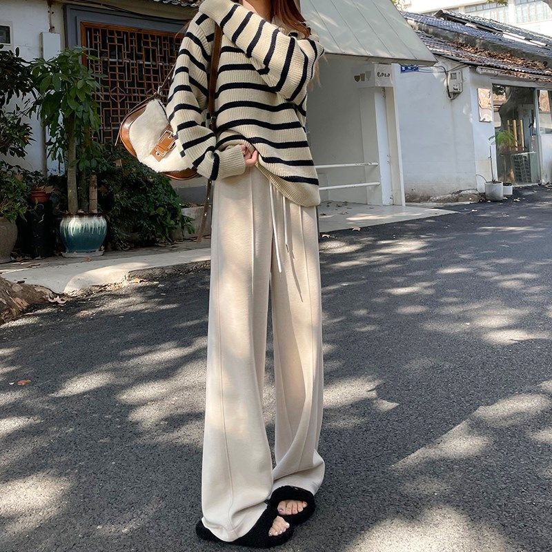 黑灰色加绒毛呢西装裤女秋冬高腰直筒人字纹阔腿裤羊毛休闲裤子