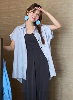 28850薄款气质宽松衬衫直筒休闲裤显瘦吊带时尚裤子阔腿裤套装