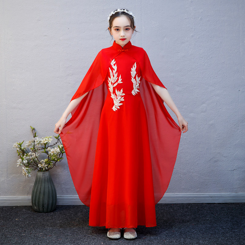 新款中国风女童弹古筝汉服演出儿童民乐演奏大合唱高端礼服主持人图片