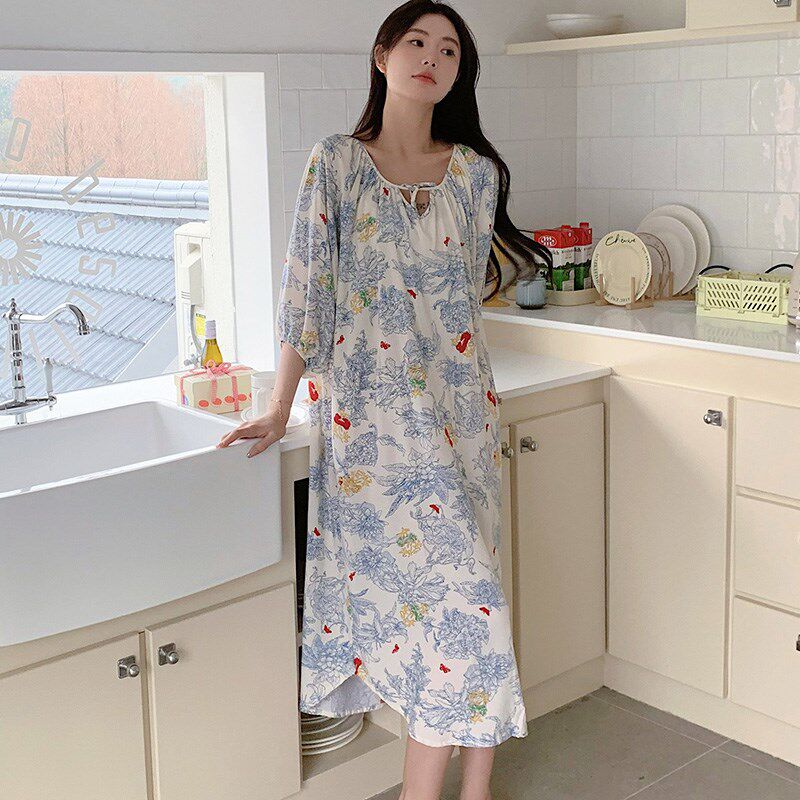 睡裙女夏季薄款沙滩长裙绵绸睡衣春秋天女士度假风棉绸家居服大码