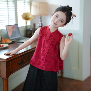 女童套装新中式国风红色无袖马甲上衣2024夏季新款儿童唐装两件套