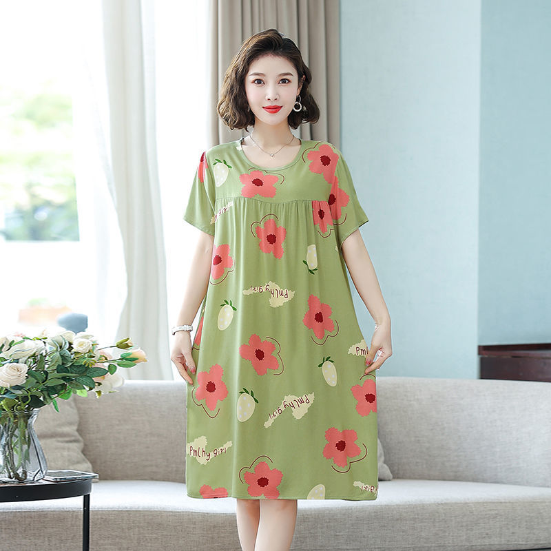 睡衣女夏天女款孕妈妈亲肤棉绸家居服女士短袖宽松绵绸连衣裙睡裙