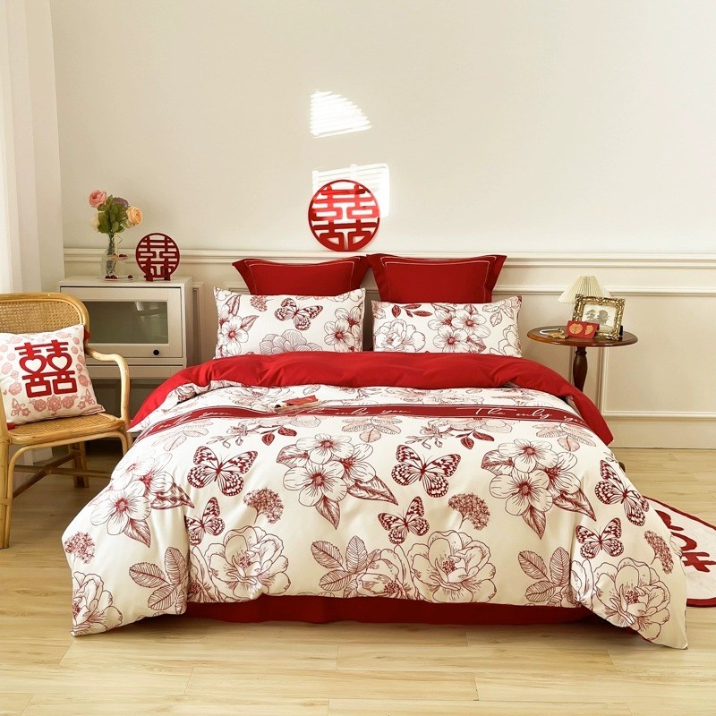 中式简约全棉结婚四件套红色床单被套纯棉新婚庆床上用品婚房陪嫁
