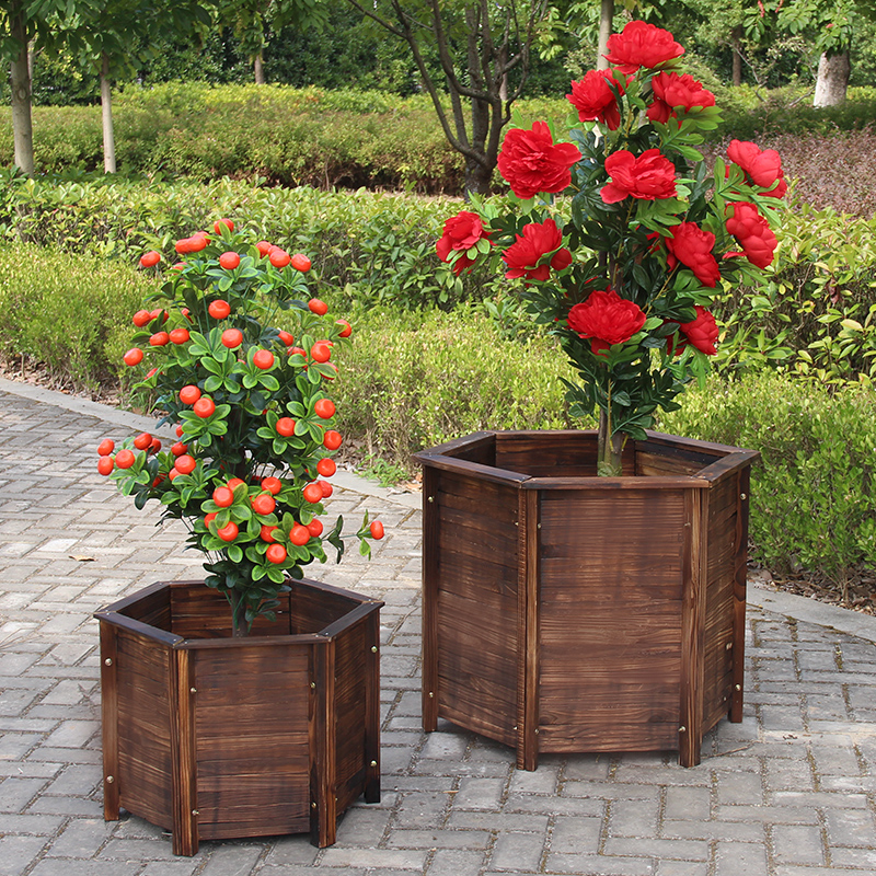 室外木花盆景观防腐碳化木户外木花箱木头六角花槽木制阳台特大号