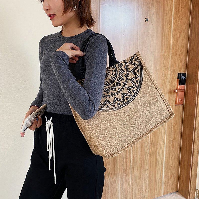 广西民族亚麻布铜鼓纹手提女新款大号购物袋单肩帆布包会议礼品袋