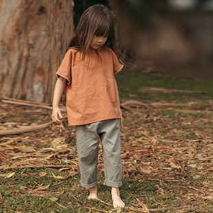 夏季简约亚麻T恤宽松纯色夏装上衣女宝宝休闲童装棉麻圆领短袖