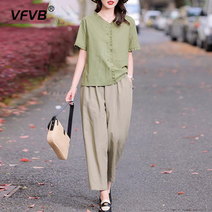九分裤 时尚 年轻妈妈短袖 两件套 S亚麻薄款 女2024夏季 棉麻套装 新款