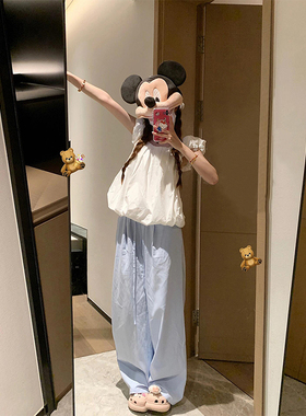 蓝色薄款速干阔腿裤女夏季宽松休闲直筒长裤小个子高腰垂感遛弯裤