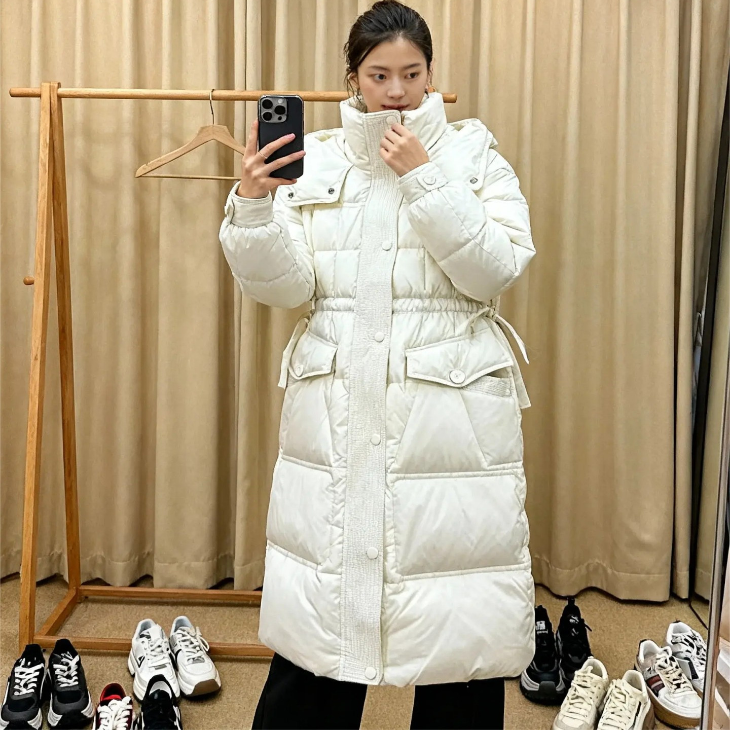 喜系列1号铺品牌折扣店208g连帽格纹保暖长款羽绒服7L51Y59647