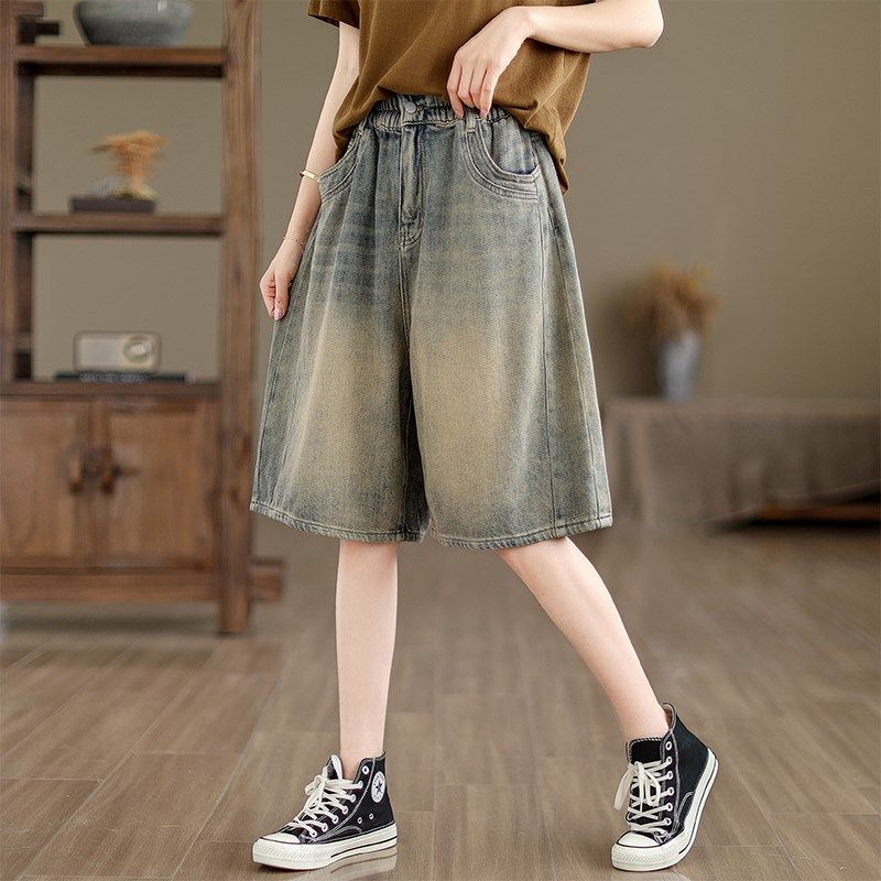 复古怀旧牛仔短裤女夏2024新款大码百搭松紧腰显瘦a字阔腿五分裤