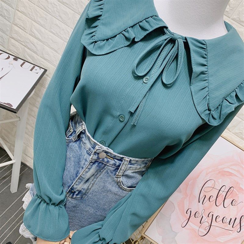 甜美蝴蝶结娃娃领长袖雪纺衬衫女春季小众喇叭袖垂感打底衬衣上衣,女装/女士精品,衬衫,淘宝优惠券,粉丝福利购,淘宝优惠卷