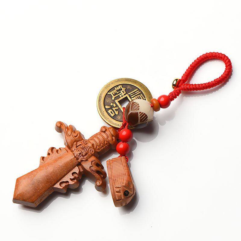 纯小桃木宝剑随身携带铜钱手工婴儿宝宝小孩晚上哭闹挂件车钥匙扣