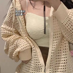 上衣 大码 胖妹妹镂空连帽薄款 防晒外套女春夏慵懒拉链罩衫 针织开衫