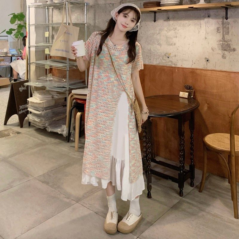 大码女装2024夏季胖mm甜美彩色针织镂空连衣裙+内搭吊带裙两件套,女装/女士精品,大码套装,淘宝优惠券,粉丝福利购,淘宝优惠卷