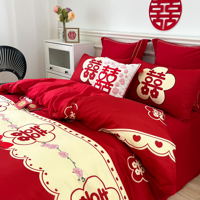 时尚四件套结婚大红床笠全棉简约新婚庆床上用品高档婚嫁礼房喜被