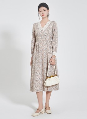 固执复古长袖碎花V领中长款雪纺连衣裙32813LQ06668