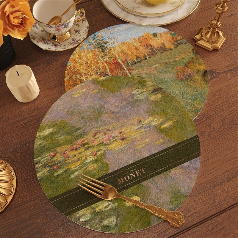 印象派抽象风格杯垫圆形餐垫防水防油皮革隔热垫氛围感西餐垫美式,居家布艺,餐垫,淘宝优惠券,粉丝福利购,淘宝优惠卷