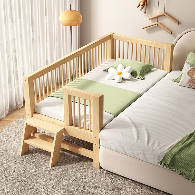 实木儿童婴儿床带护栏拼接大床加宽床边床床腿高度调节单人宝宝床