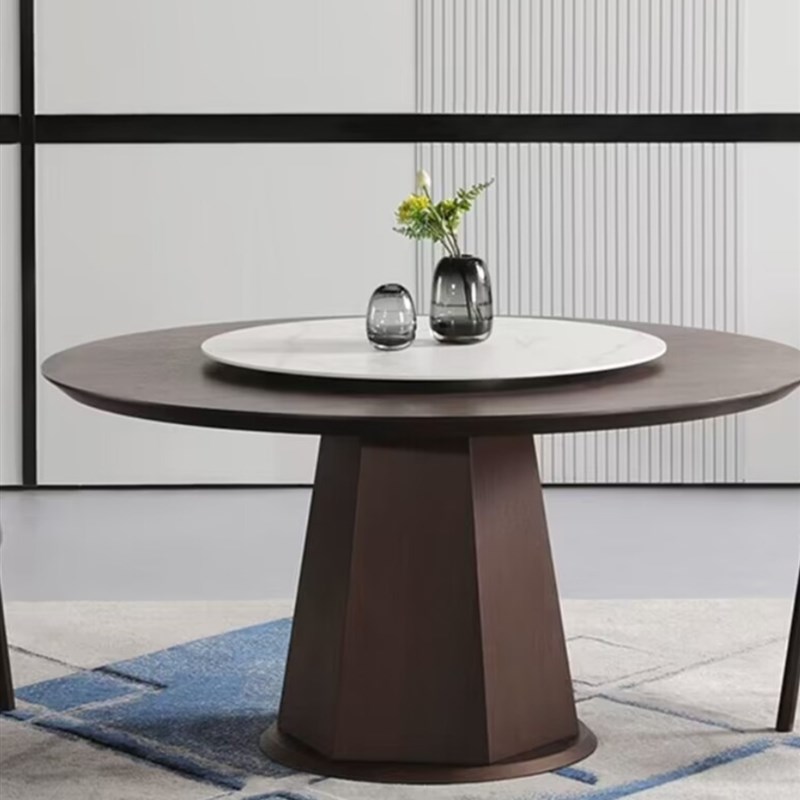 意式极简实木圆形餐桌椅组合北欧家用小户型带岩板转盘吃饭桌子