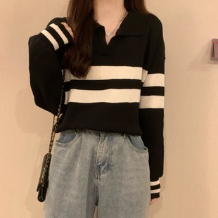 大码 胖妹妹正肩polo领长袖 条纹针织t恤女春秋新款 宽松显瘦打底衫