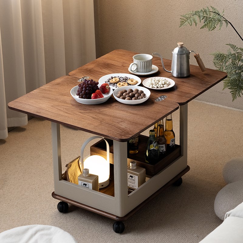 拾影木筑 黑胡桃木移动茶几小推车客厅多功能可折叠桌面沙发边几