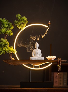新中式禅意陶瓷大日如来佛摆件家居客厅玄关桌面软装饰品创意灯圈