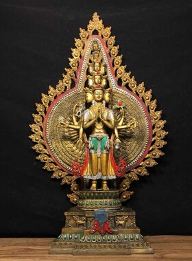 铜彩绘千手观音佛摆件纯铜十一面千手千眼观世音菩萨家用供养佛像