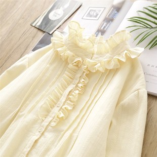 冬季加绒加厚奶黄色宫廷风荷叶边立领衬衫复古灯笼袖打底衫娃娃衫