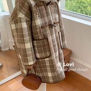 女童毛呢外套2022冬装儿童洋气加绒加厚呢大衣儿童中长款格子风衣