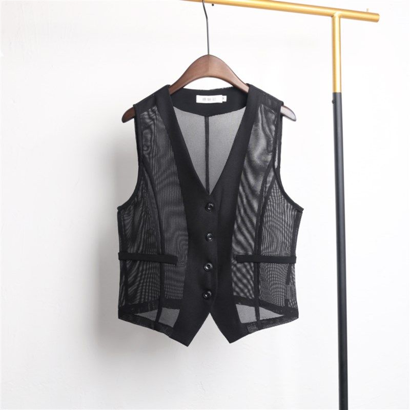 黑色马甲夏季薄款女款外穿夏天短款上衣镂空西装背心马夹外搭开衫