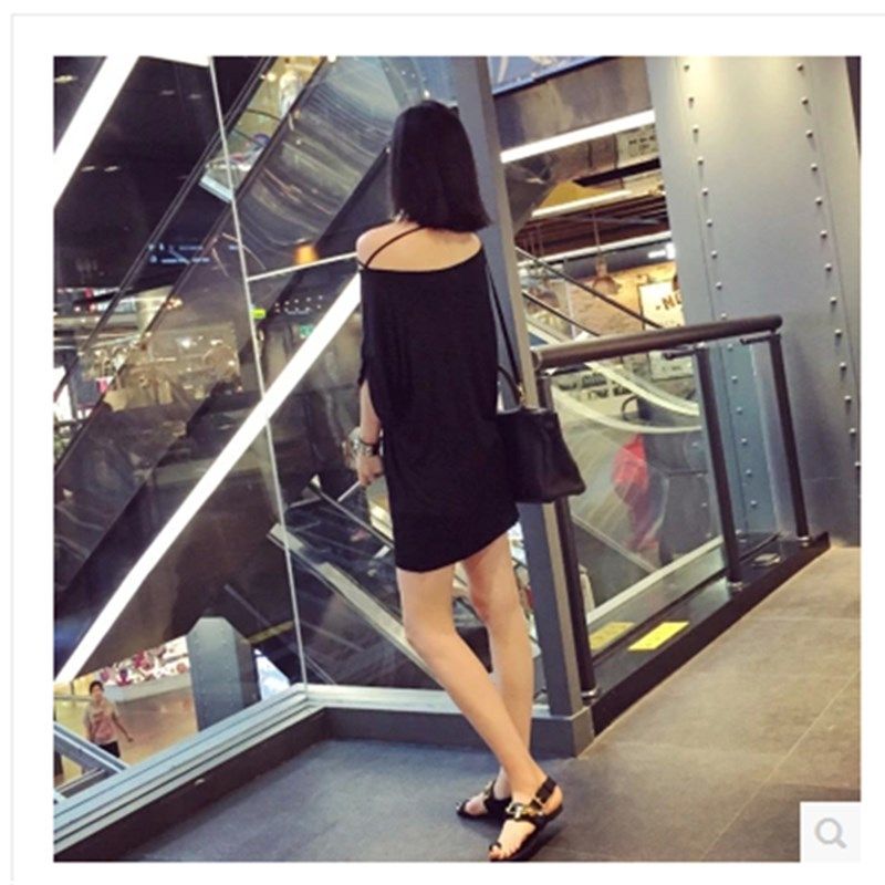 居家一字领两根带子露肩连衣裙性感宽松大码蝙蝠衫斜肩长款T恤