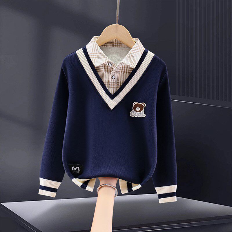 男童卫衣假两件秋冬款2024新款中大童加绒加厚儿童男孩学院风保暖