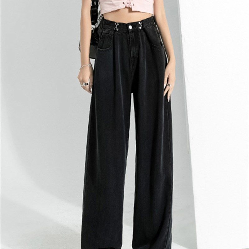 黑色牛仔裤女夏天薄款胖妹妹大码高腰垂感直筒阔腿裤宽松裤子显瘦