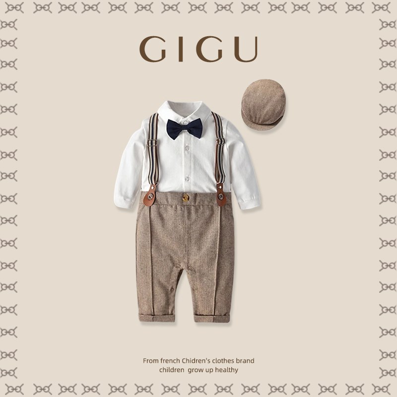 周岁礼服男宝宝小西装绅士英伦风一岁抓周男孩衣服秋百日宴连体衣