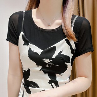 白色短款网纱t恤女上衣夏季吊带裙内搭打底衫薄款搭配裙子的上衣