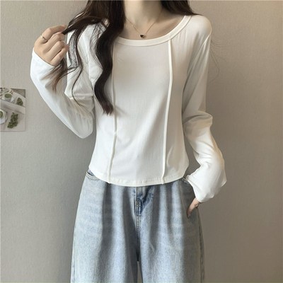 黑色t恤女长袖春秋冬薄款圆领修身紧身短款小个子德绒打底衫上衣