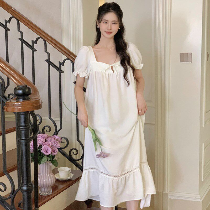 法式女士宫廷风睡裙夏季女款长款2025新款大码棉质睡衣女紫色长裙