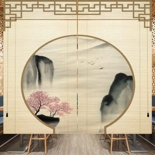 印花竹帘窗帘升降卷帘禅意山水遮光日式 新中式 茶室阳台家用门帘子