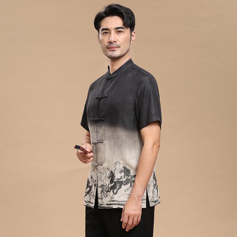 唐装男夏季短袖中老年o休闲立领盘扣衬衫中国风薄款刺绣中山装上